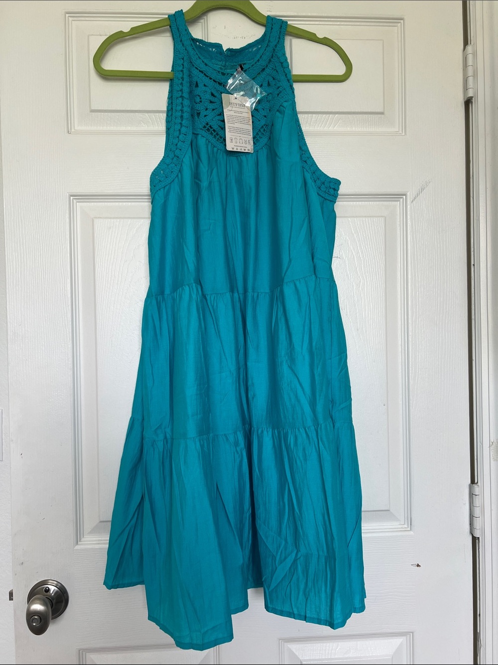 Sleeveless Crochet-Yoke Midi Dress in Teal